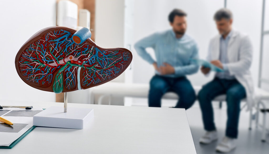 Closeup Of A Model Of A Liver With A Hepatologist In The Background Sharing An Autoimmune Hepatitis Diagnosis With A Patient